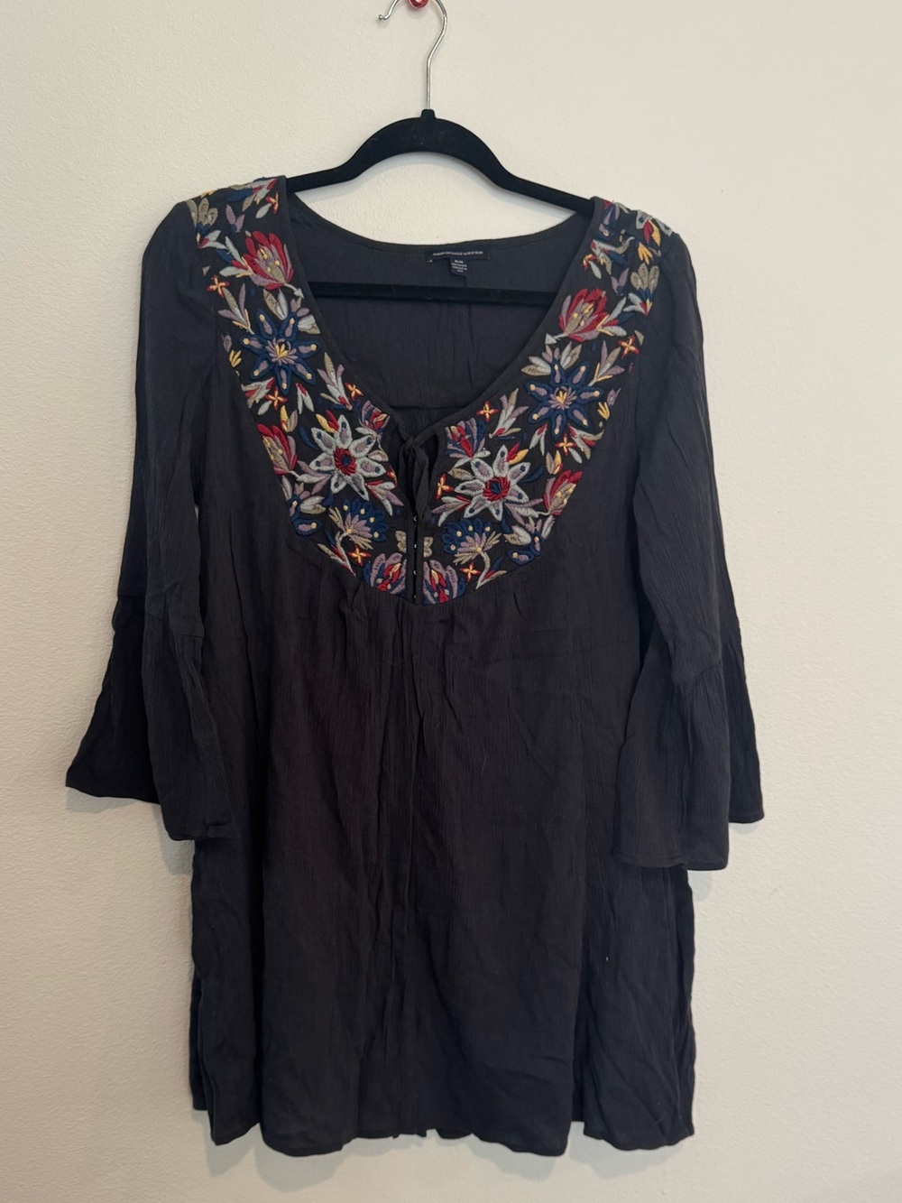 American Eagle Embroidered Blue Peasant Dress